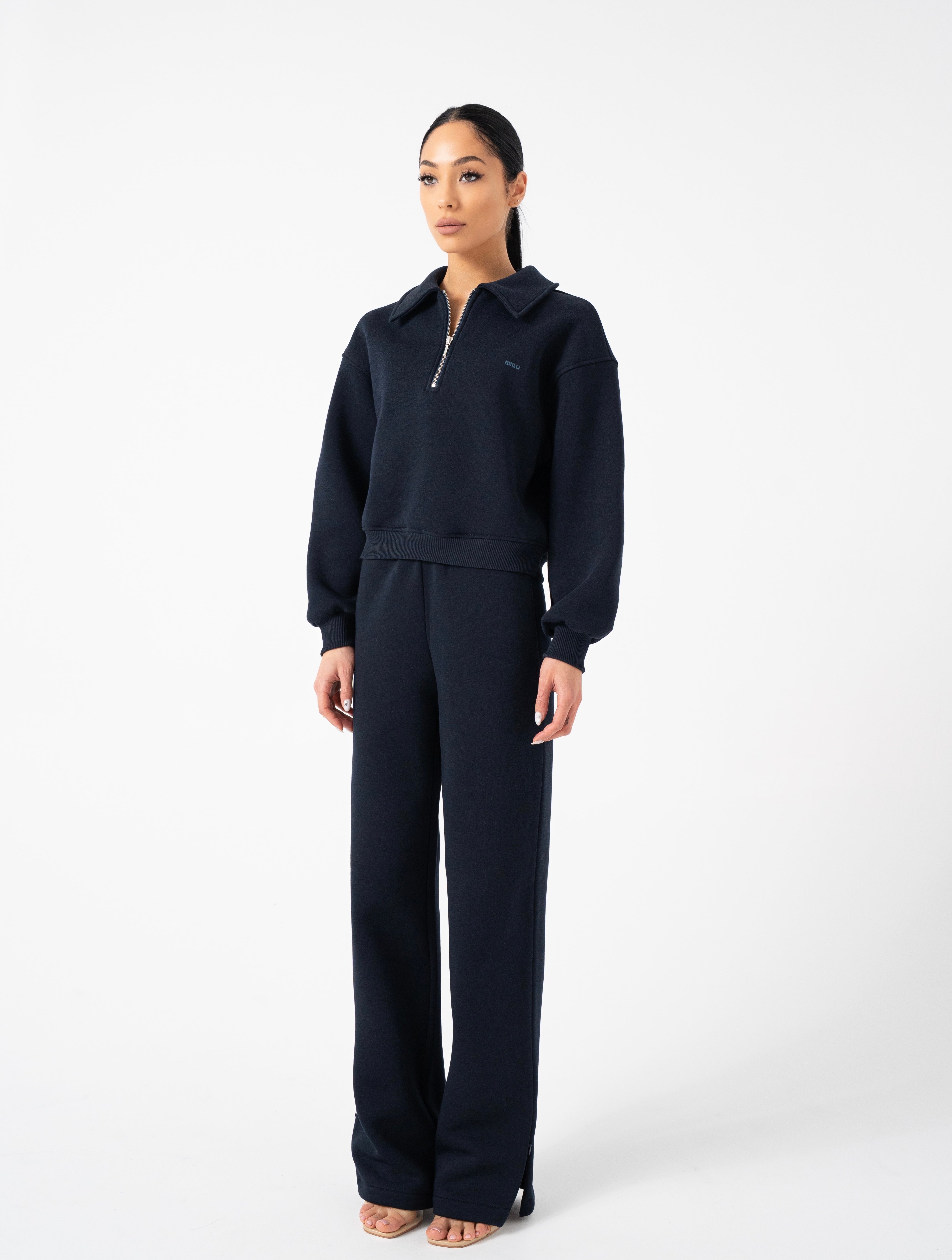 Navy Blue Wide Leg Zip Pants
