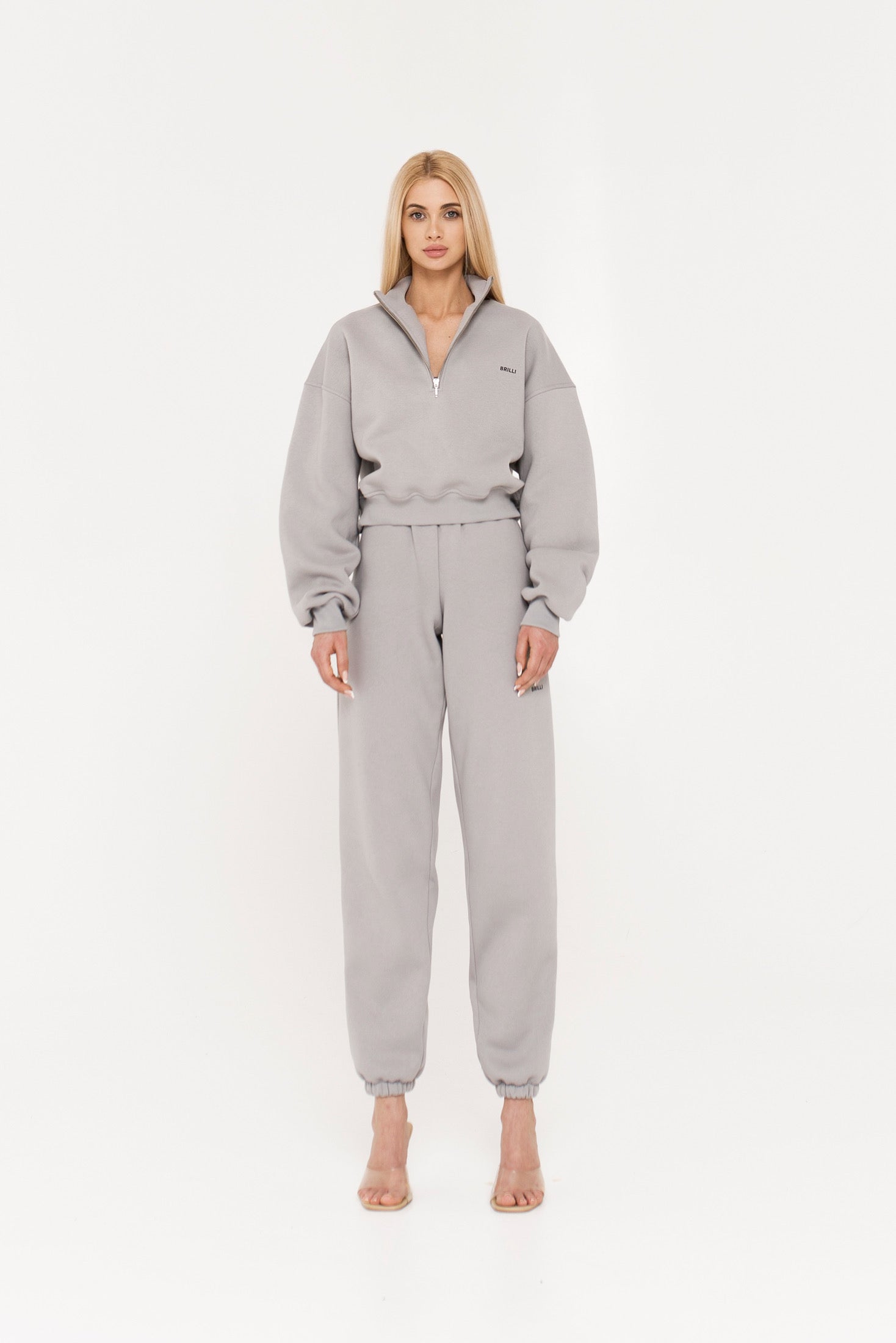 Women Grey Melange Fleece Front Zipper Sweatshirt